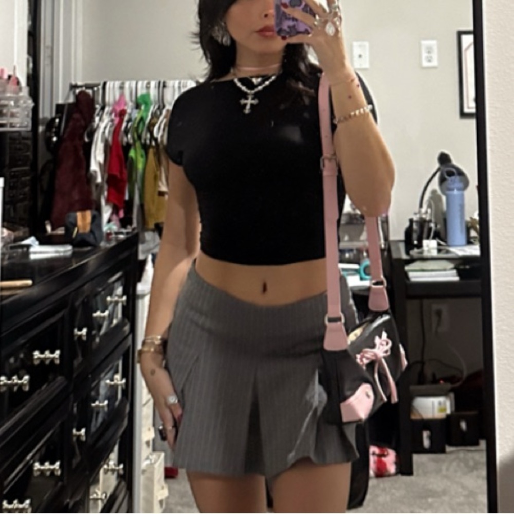 Gray Pinstripe Pleated Mini Skirt